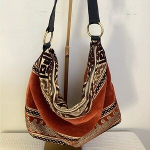 Mushmina Boho Handbag Velvet Terracotta Gold Brown Black & Ivory New